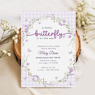 Gingham Boho Frühling Lavendel Schmetterling Baby Einladung
