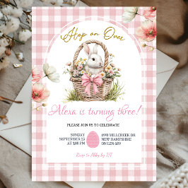 Gingham Boho Pink Bow Floral Easter Bunny Birthday Einladung