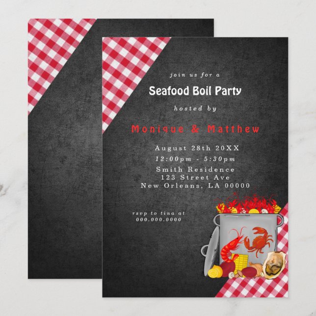 Gingham Chalkboard Seafood Boil Party Einladung (Vorne/Hinten)