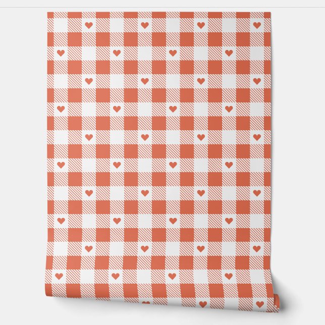 Gingham Checkered Pattern Herzenplatten Tapete (Abrollen)