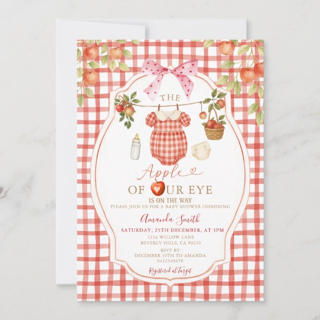 Gingham Clothesline Apple unserer Eye Baby Dusche Einladung (Vorderseite)