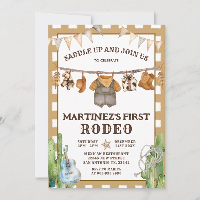 Gingham Clothesline Mein erster Rodeo Cowboy Gebur Einladung (Vorderseite)