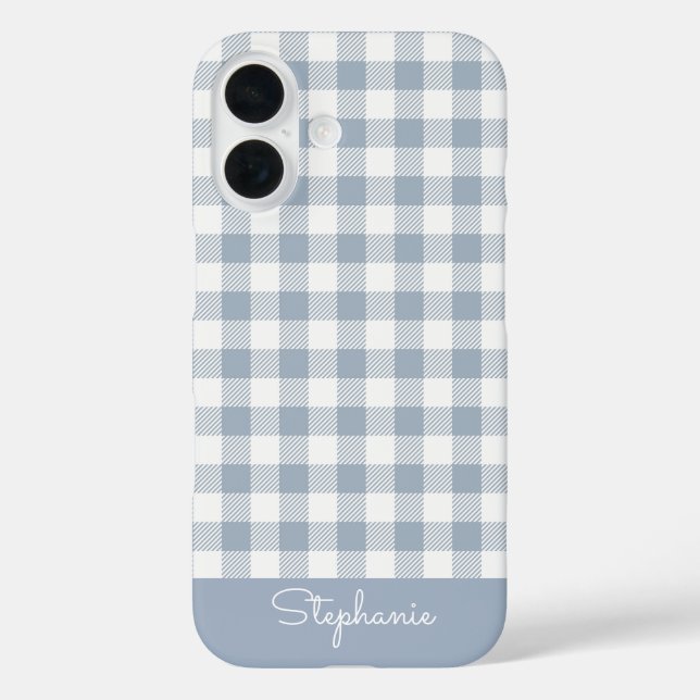 Gingham Coastal Plaid Preppy Check Blue White Name iPhone 16 Hülle (Rückseite)