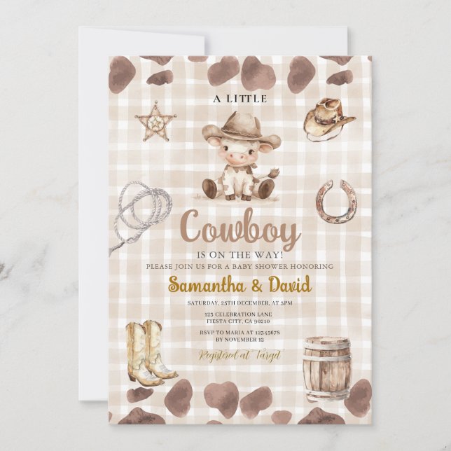 Gingham Cowboy is on the Way Baby Shower  Einladung (Vorderseite)