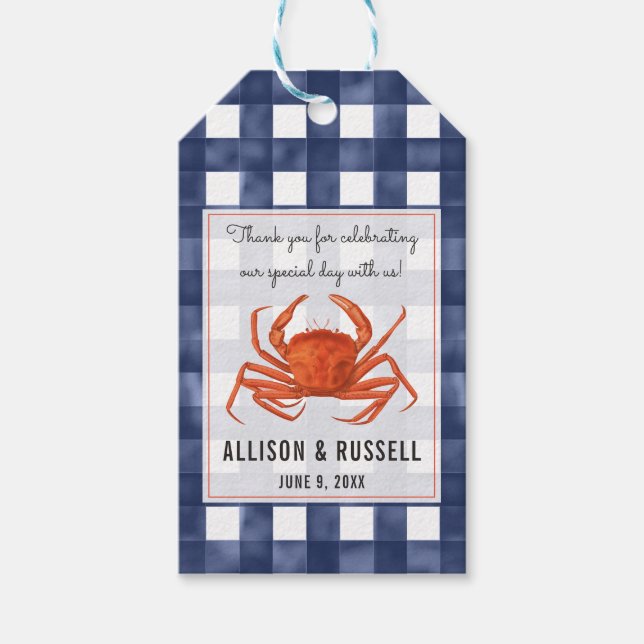 Gingham Crab Coastal Wedding Geschenkanhänger (Vorderseite)