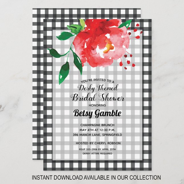 Gingham Derby Rose Bridal Dusche Einladungen (INSTANT DOWNLOAD available in our collection to send your invitations digitally.)