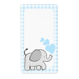 Gingham-Elefant-Buch etikettiert blaue Herzen