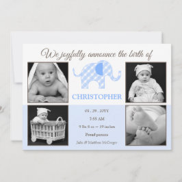 Gingham Elephant Baby Boy Foto Geburtserklärung Ankündigung