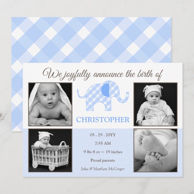 Gingham Elephant Baby Boy Foto Geburtserklärung Ankündigung (Vorne/Hinten)