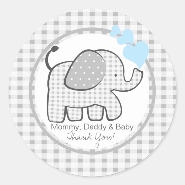 Gingham Elephant mit blauen Herzen Runder Aufkleber (Vorderseite)