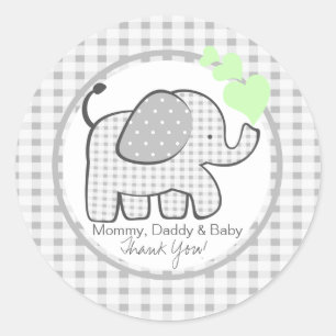Gingham Elephant mit grünen Herzen Runder Aufkleber