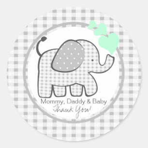 Gingham Elephant mit Mint Green Hearts Runder Aufkleber