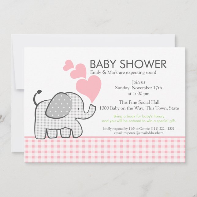 Gingham Elephant Pink Baby Shower Einladung (Vorderseite)