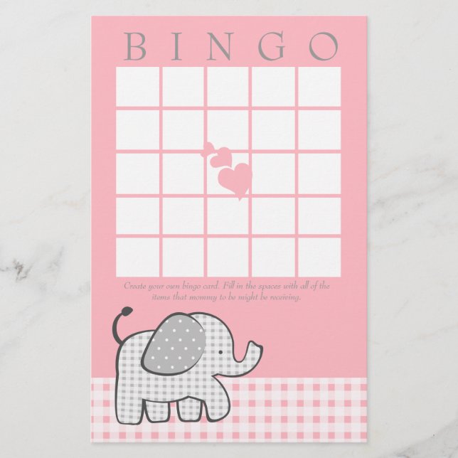 Gingham Elephant Pink Bingo Card (Vorderseite)