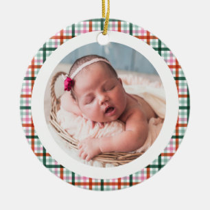 Gingham Erstes Weihnachten Geburtsstatistik Baby-F Keramik Ornament
