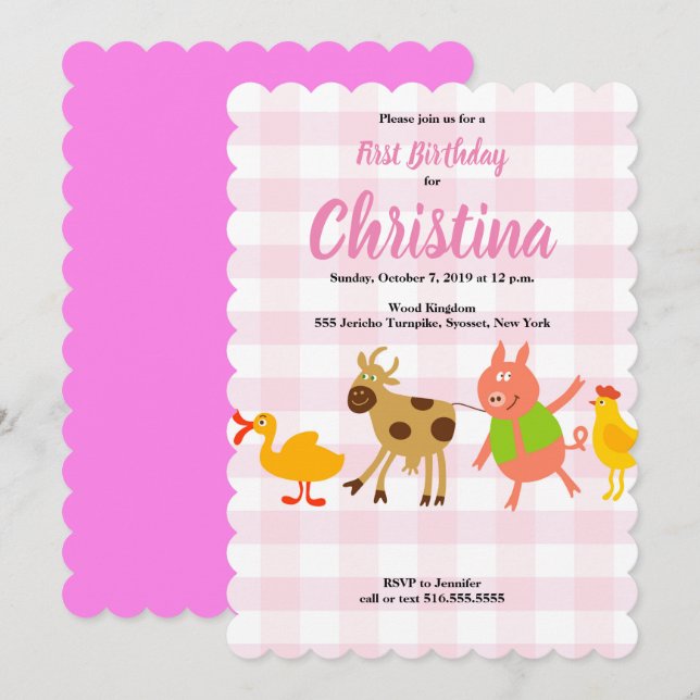 Gingham Farm Animal Baby Erstgeburtstag Einladung (Vorne/Hinten)