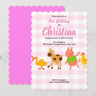 Gingham Farm Animal Baby Erstgeburtstag Einladung