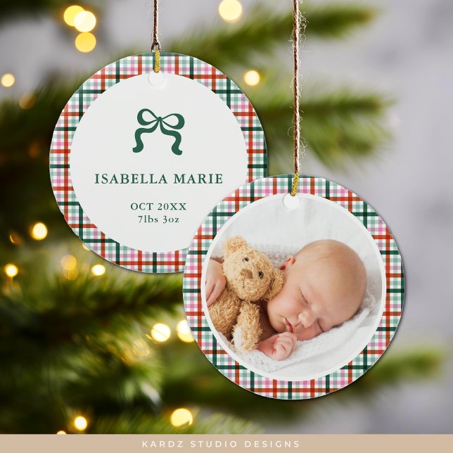 Gingham First Christmas Birth Stats Baby Photo Keramik Ornament (Front and back of ceramic ornament shown. Personalize with baby's picture, name and baby stats.)