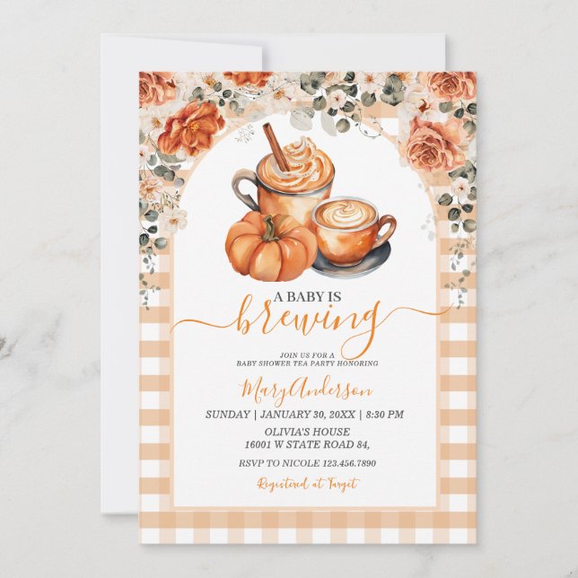 Gingham Floral a Baby brütet Pumpkin Gewürz Einladung (Vorderseite)