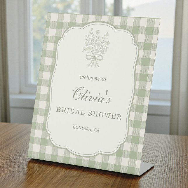 Gingham Floral Bow Bridal Shower Welcome Sign Sockelschild (Von Creator hochgeladen)