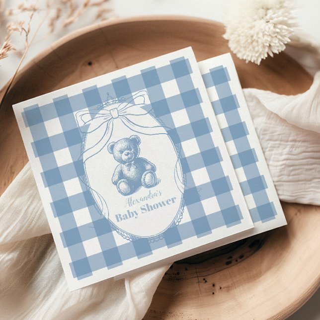 Gingham French Teddy Bear Baby Shower Serviette (Von Creator hochgeladen)