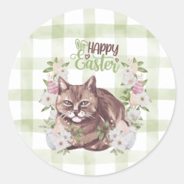 Gingham Frohe Ostern Katze Runder Aufkleber