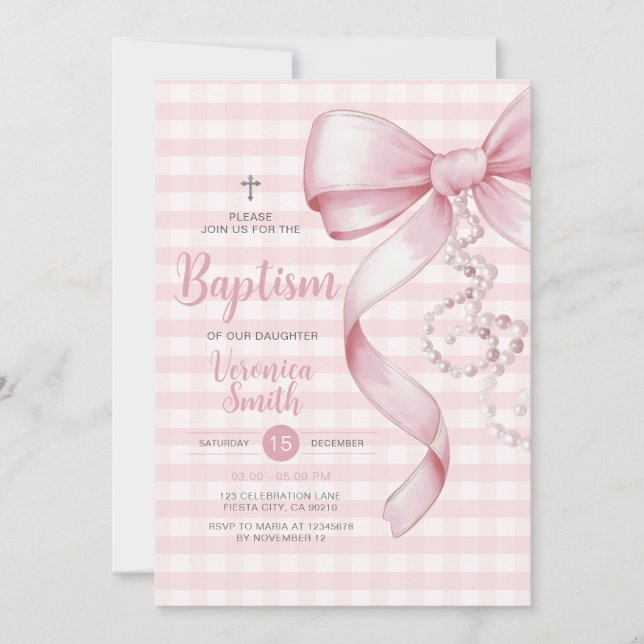 Gingham Girl Taufe Pink Bow Pearl Cross Einladung (Vorderseite)