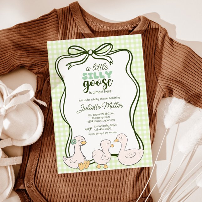 Gingham Goose Gender Neutral Baby Shower Einladung (Goose Gender Neutral Gingham Baby Shower Invite)