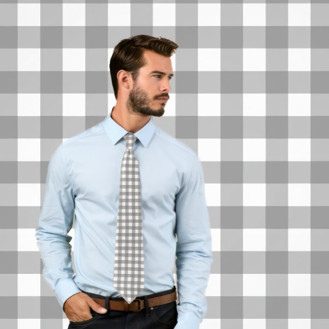 Gingham Gray on White Stripes Krawatte (Man wears a gingham gray and white stripes necktie.)
