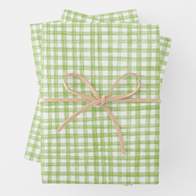 Gingham Hand-Drawn Modern Cute Green White Preppy Geschenkpapier Set (Beispiel)