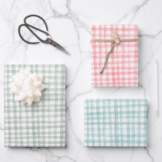 Gingham Hand Gezeichnet Moderne Niedliche Weihnach Geschenkpapier Set (Vorderseite)