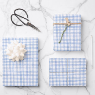 Gingham Hand Gezeichnet Modernes Niedliches Blaues Geschenkpapier Set