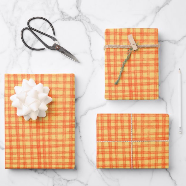 Gingham Handgezeichnet Modern Süß Rot Gelb Preppy Geschenkpapier Set (Vorderseite)