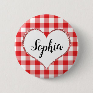 Gingham-Herz-individueller Name des Valentines Button