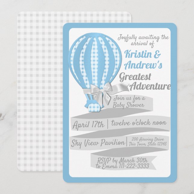 Gingham Hot Air Balloon Blue Baby Dusche Einladung (Vorne/Hinten)