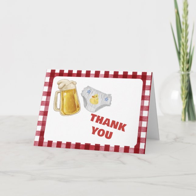 Gingham Huggies Chuggies Beer Diaper Baby Shower  Dankeskarte (Vorderseite)