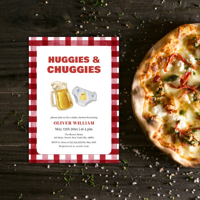 Gingham Huggies Chuggies Beer & Diaper Baby Shower Einladung (Gingham Huggies Chuggies Beer & Diaper Baby Shower Invitation)