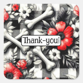 Gingham Kariert Schwarz-weiß Red Floral Vielen Dan Quadratischer Aufkleber