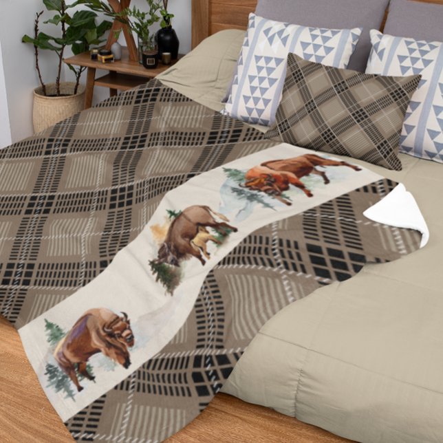 Gingham Kariert Watercolor Bison Buffalo Rustic Fleecedecke (Von Creator hochgeladen)