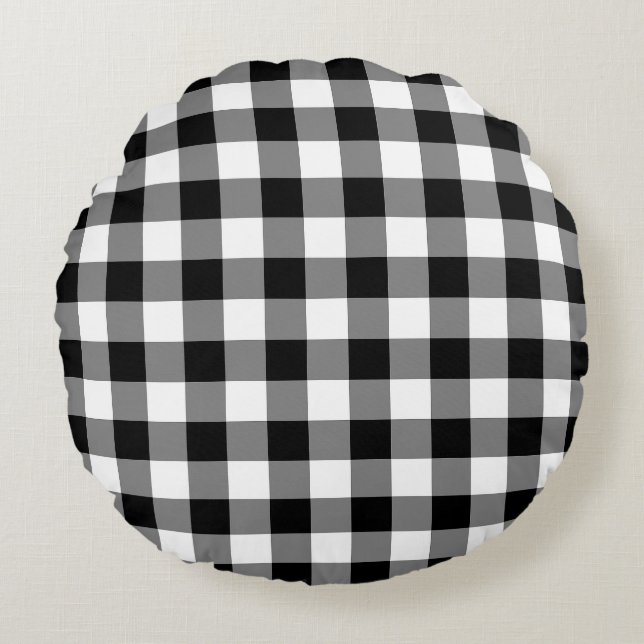 Gingham-Karo in Schwarz und Weiß Rundes Kissen (Vorderseite)