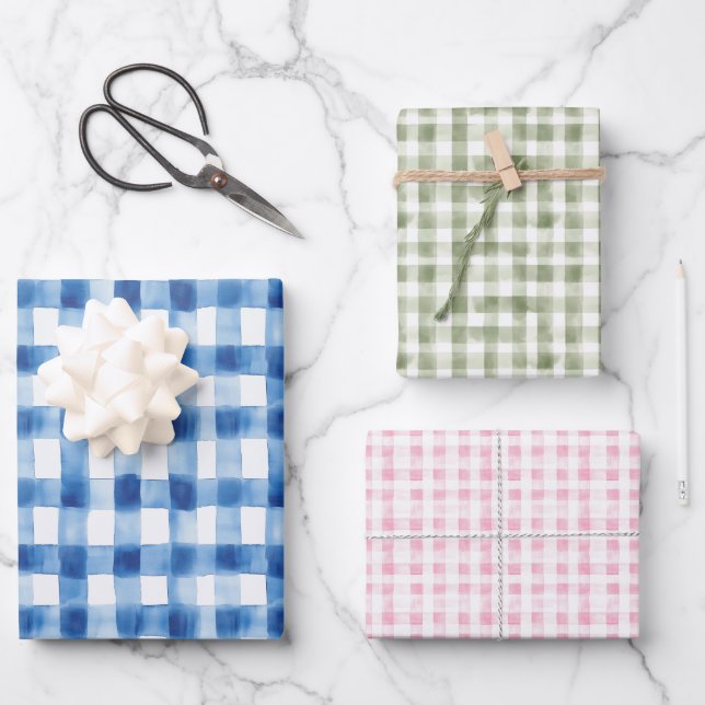 Gingham Karo Pattern Blue Pink Sage Green Geschenkpapier Set (Vorderseite)