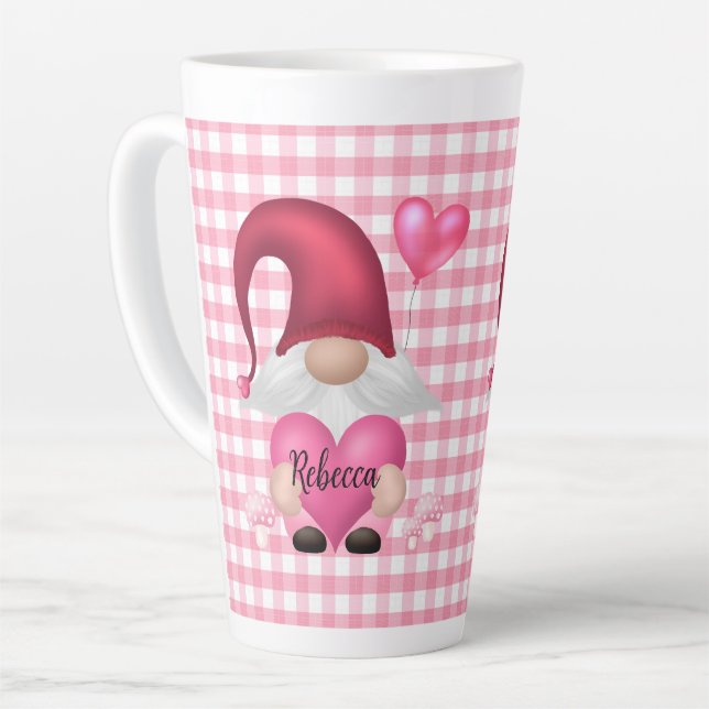 Gingham Karo Pattern Personalisiert Gnome Tasse (Linke Ecke)