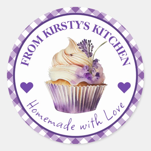 Gingham Lavender Cake Label Runder Aufkleber (Vorderseite)