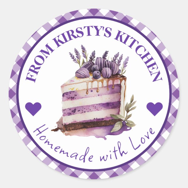 Gingham Lavender Cake Label Runder Aufkleber (Vorderseite)