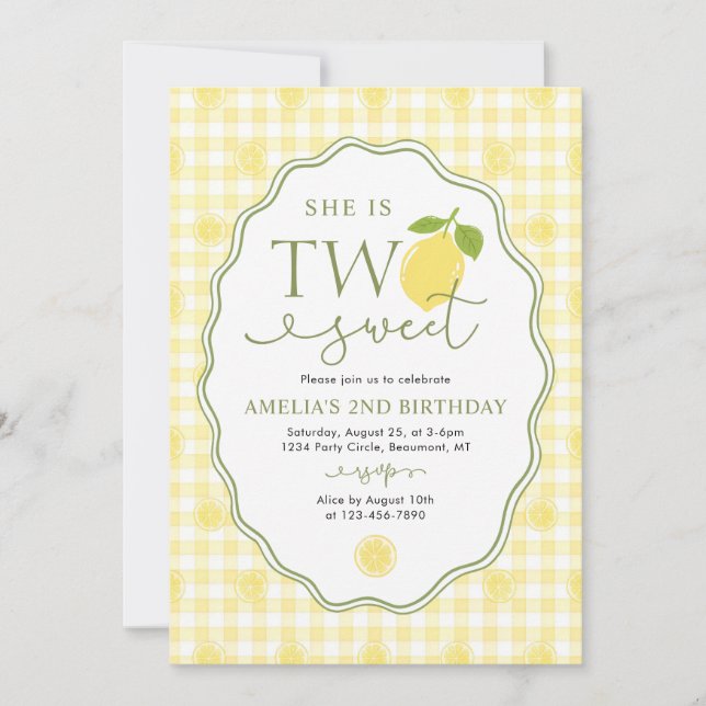 Gingham Lemon Citrus Themed 2nd Birthday Einladung (Vorderseite)