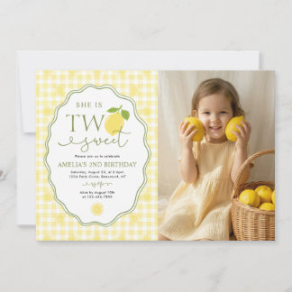 Gingham Lemon Citrus Themed 2nd Birthday Photo Einladung