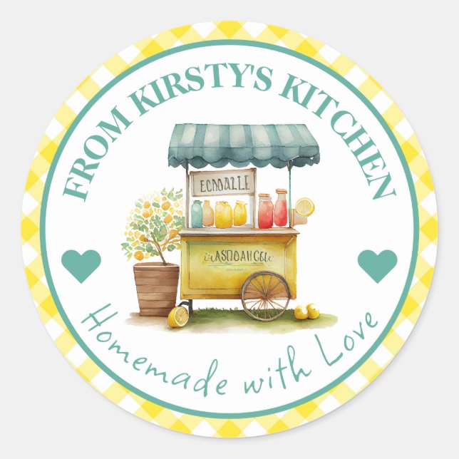 Gingham Lemonade Label für Wasserfarben Runder Aufkleber (Vorderseite)