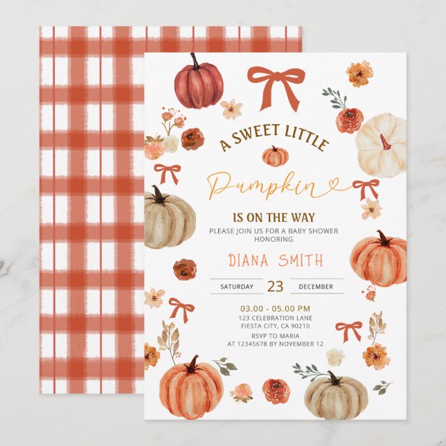 Gingham Little Pumpkin Rustic Baby Showeinladung Einladung (Vorne/Hinten)