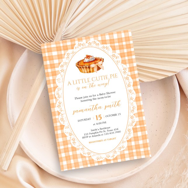 Gingham Little Süsse Pie Baby Shower Einladung (Little Cutie Pie Gingham Pumpkin Baby Shower Invitation)