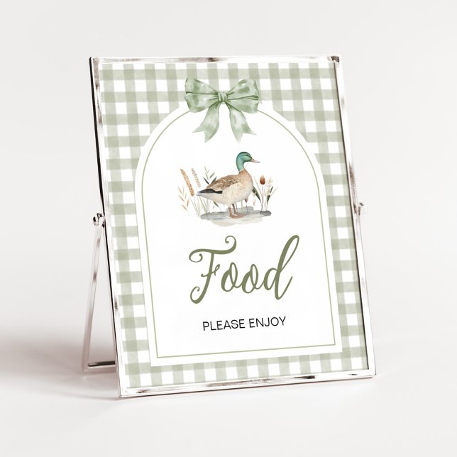 Gingham Mallard Duck Baby Shock Food Sign Poster (Sage Green Gingham Mallard Duck Hunting Country Baby Shower Sign)